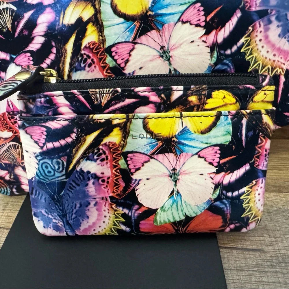LODIS Genuine Leather Butterfly Print 3-Piece Set: Clutch Wristlet Wallet Pouch